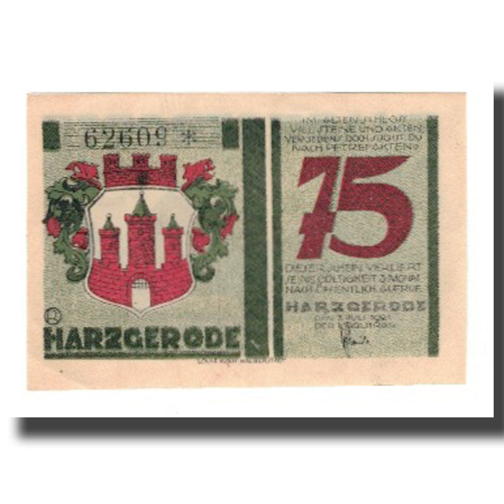 Banconote, Germania, Harzgerode Stadt, 75 Pfennig, village 2, 1921, 1921-07-07