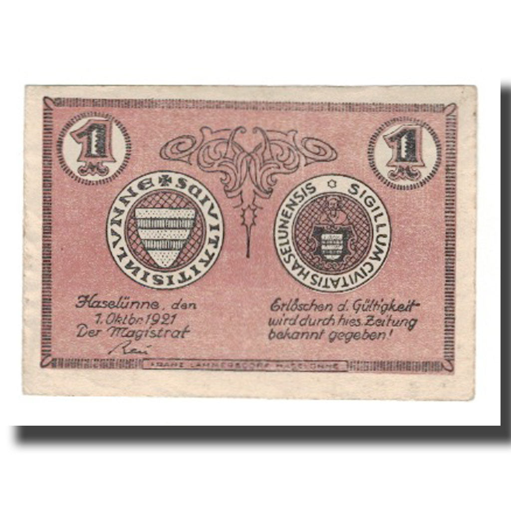 Banconote, Germania, Haselünne Stadt, 1 Mark, Blason, 1921, 1921-10-01, SPL-