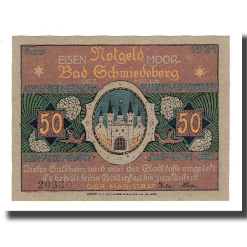 Banconote, Germania, Schmiedeberg, Bad Stadt, 50 Pfennig, personnage 4, 1921