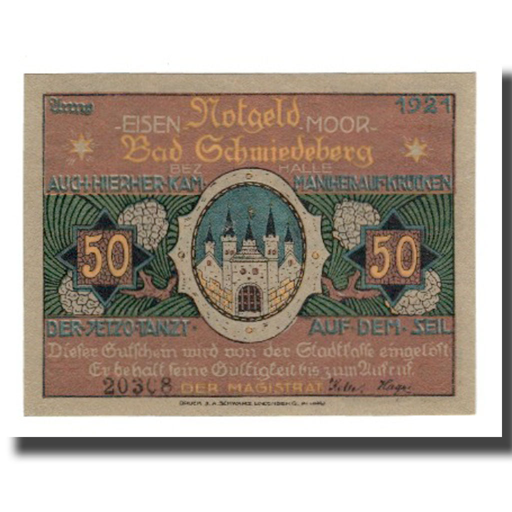 Banconote, Germania, Schmiedeberg, Bad Stadt, 50 Pfennig, personnage 1, 1921