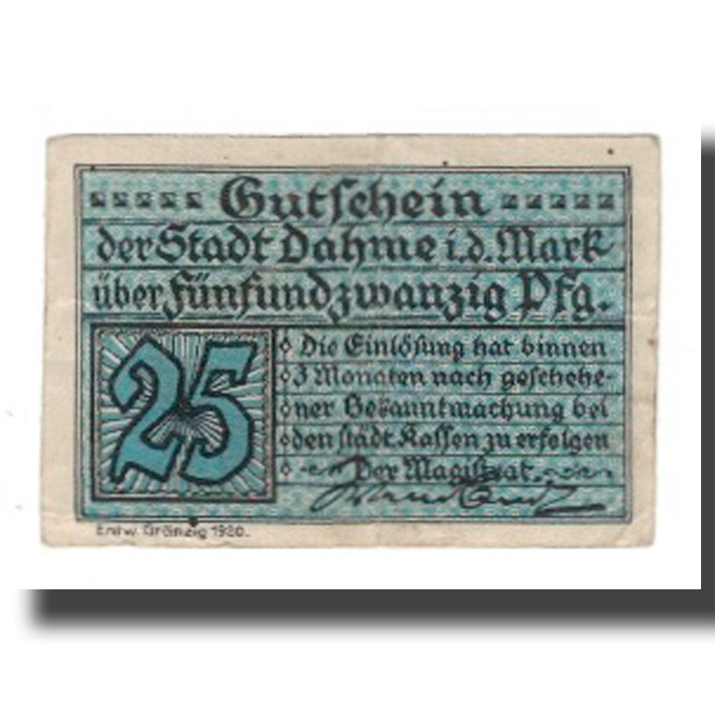 Banknote, Germany, Dahme Stadt, 25 Pfennig, Batiment, 1920, VF(30-35), Mehl:D1.1