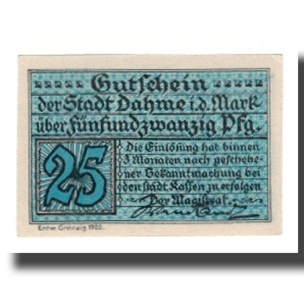 Banknote, Germany, Dahme Stadt, 25 Pfennig, batiment 1, 1920, AU(55-58)