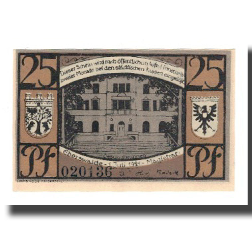 Nota, Alemanha, Eberswalde Stadt, 25 Pfennig, Batiment, 1921, 1921-07-01