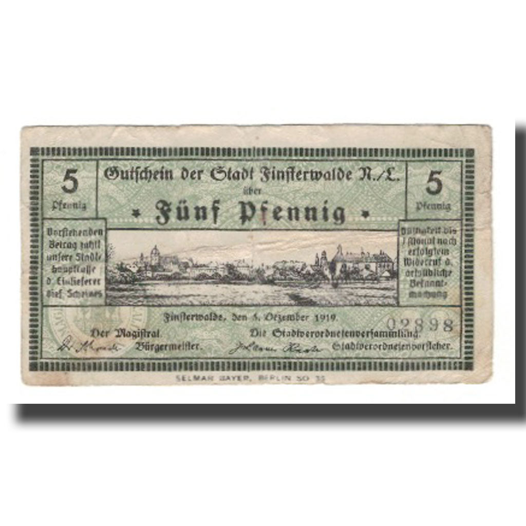 Banconote, Germania, Finsterwalde N.L. Stadt, 5 Pfennig, paysage, 1919