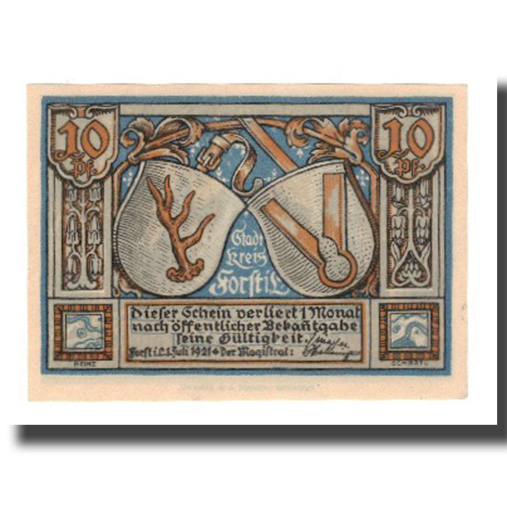Biljet, Duitsland, Forst i.L. Stadt, 10 Pfennig, Maison, 1921, 1921-07-01, SUP