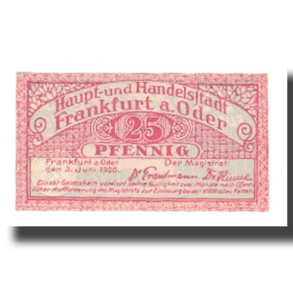 Nota, Alemanha, Frankfurt a.d. Oder Stadt, 25 Pfennig, valeur faciale 1, 1920