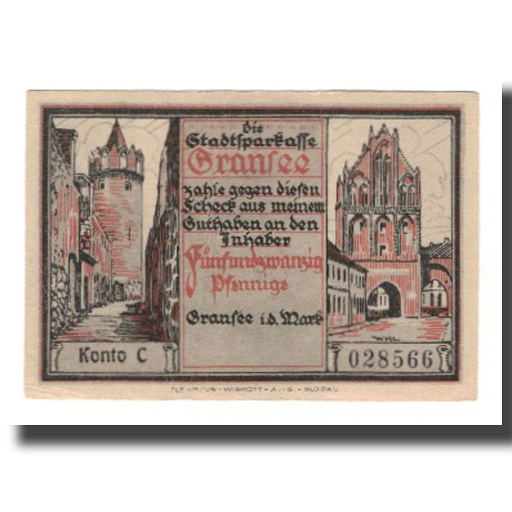 Banknot, Niemcy, Gransee Stadtsparkasse, 25 Pfennig, personnage 1, AU(55-58)