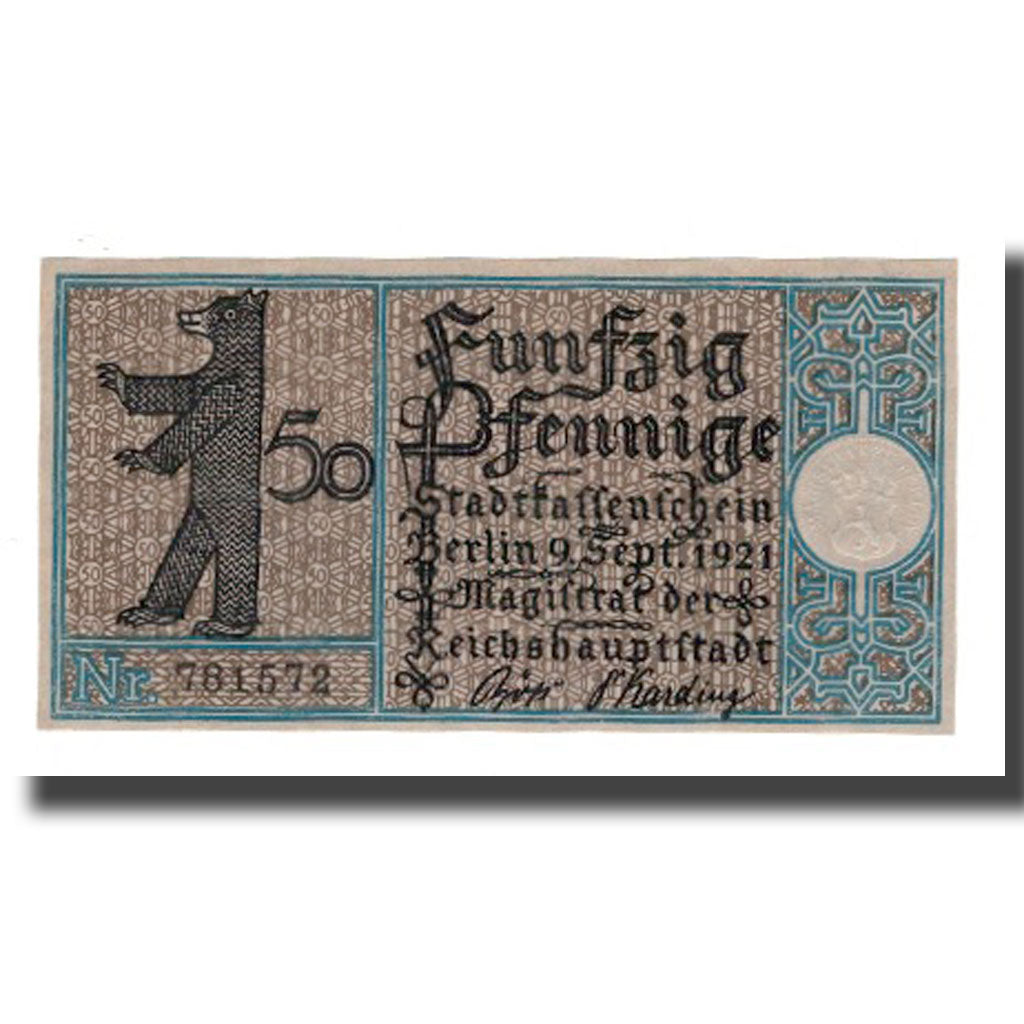 Nota, Alemanha, Berlin Stadt, 50 Pfennig, Cour, 1921, 1921-09-09, AU(55-58)