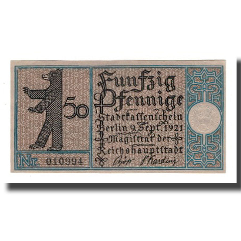 Nota, Alemanha, Berlin Stadt, 50 Pfennig, Cour 1, 1921, 1921-09-09, AU(55-58)