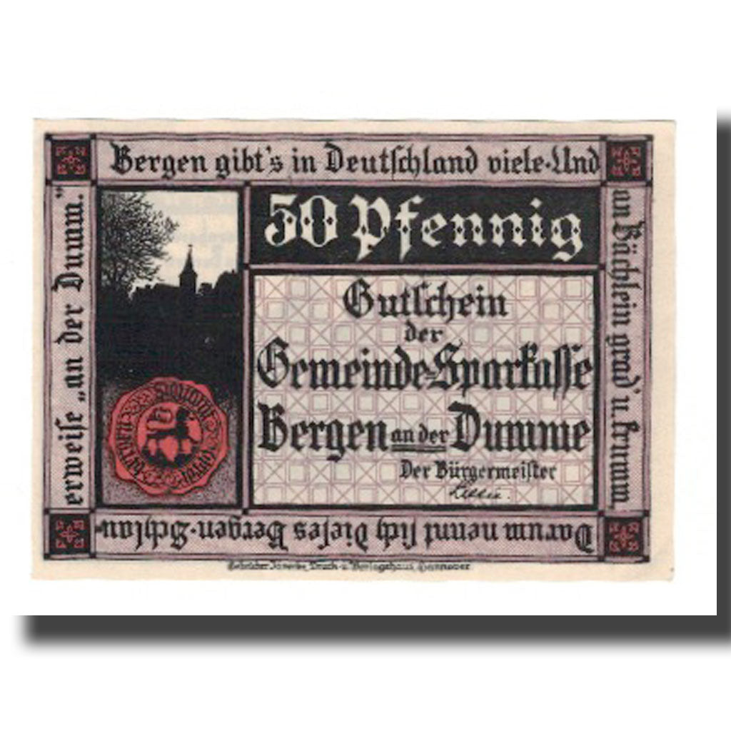 Billet, Allemagne, Bergen a.d. Dumme Germeinde, 50 Pfennig, personnage 1, 1922