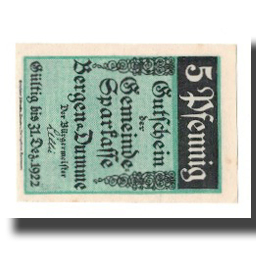 Biljet, Duitsland, Bergen a.d. Dumme Germeinde, 5 Pfennig, Maison, 1922