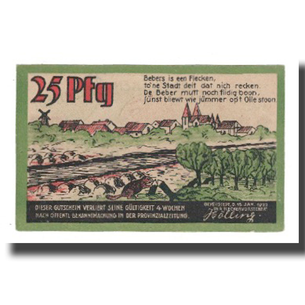 Banknot, Niemcy, Beverstedt Gemeinde, 25 Pfennig, paysage, 1922, 1922-01-15