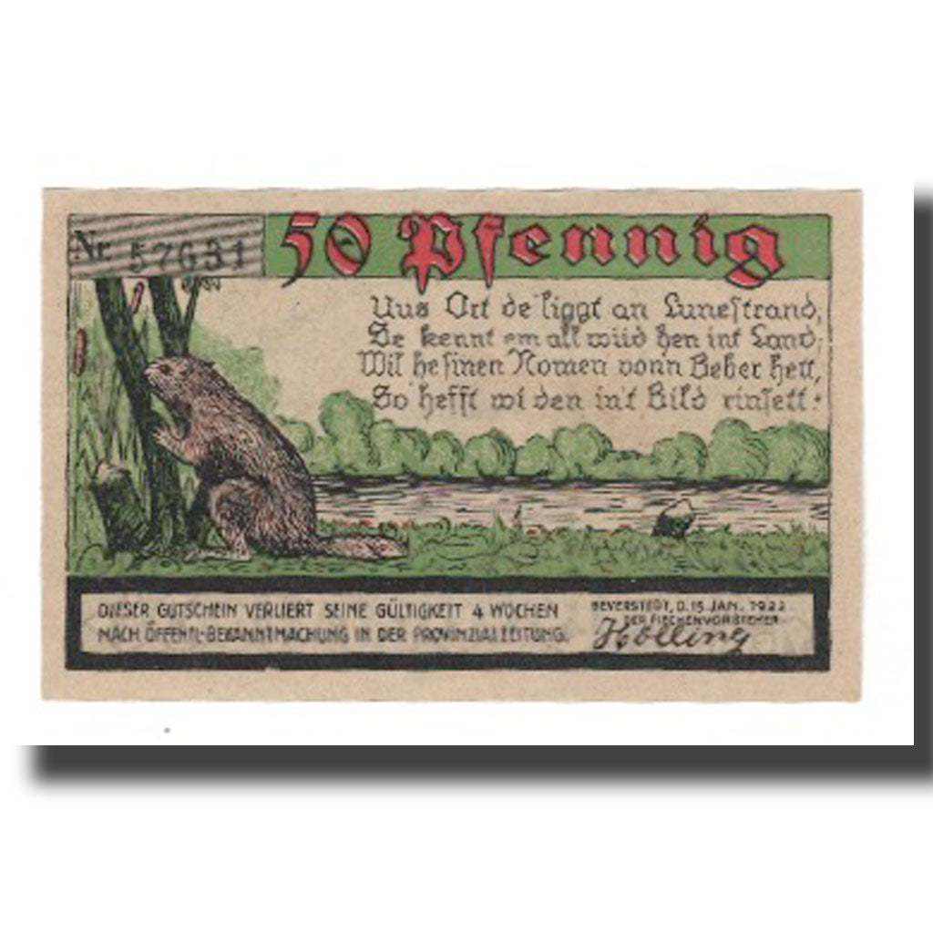 Banknot, Niemcy, Beverstedt Gemeinde, 50 Pfennig, Marmotte, 1922, 1922-01-15