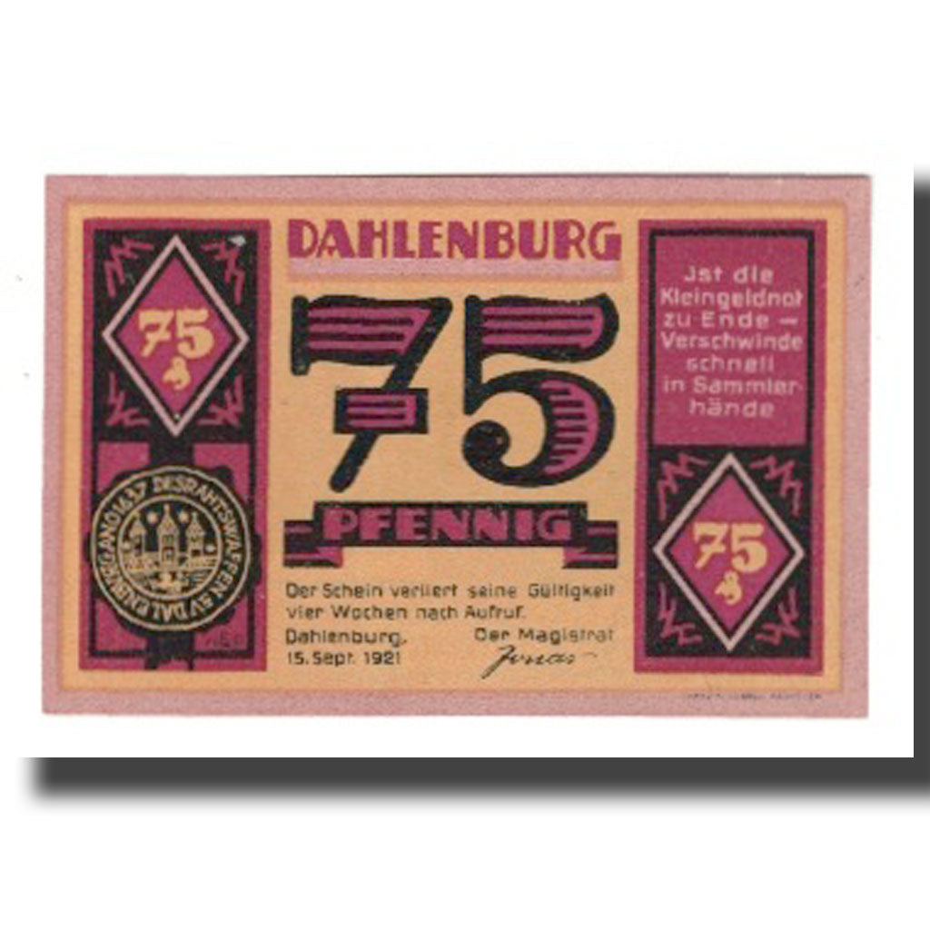 Geldschein, Deutschland, Dahlenburg Magistrat, 75 Pfennig, personnage, 1921