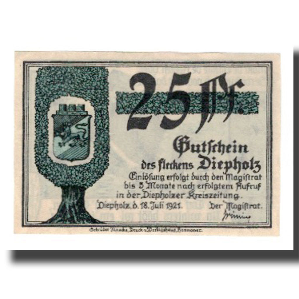 Banconote, Germania, Diepholz Flecken, 25 Pfennig, personnage, 1921, 1921-07-18