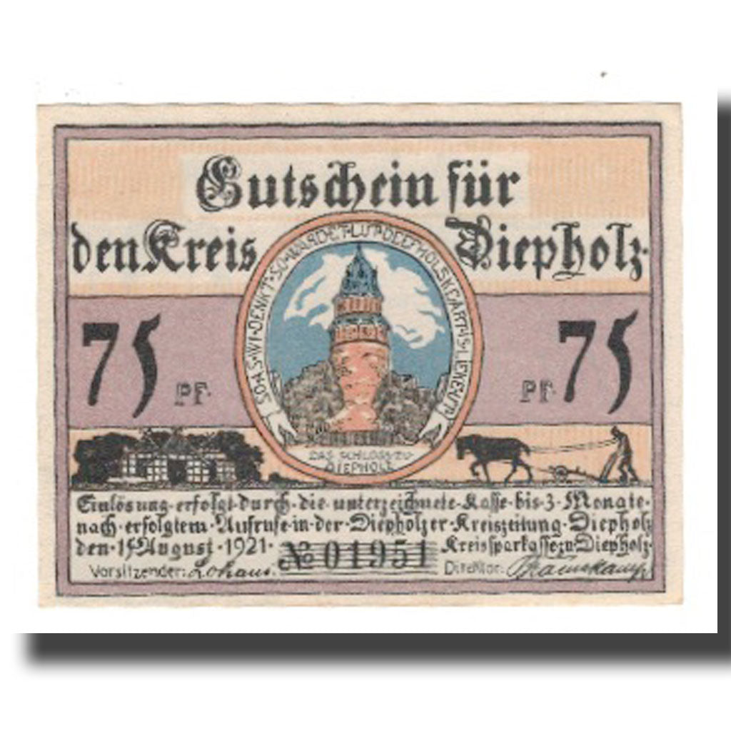 Geldschein, Deutschland, Diepholz Kreis, 75 Pfennig, personnage 2, 1921