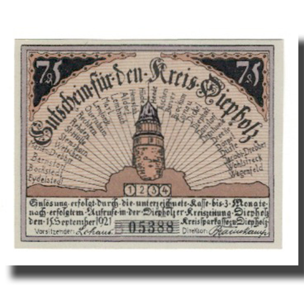 Geldschein, Deutschland, Diepholz Kreis, 75 Pfennig, personnage 1, 1921