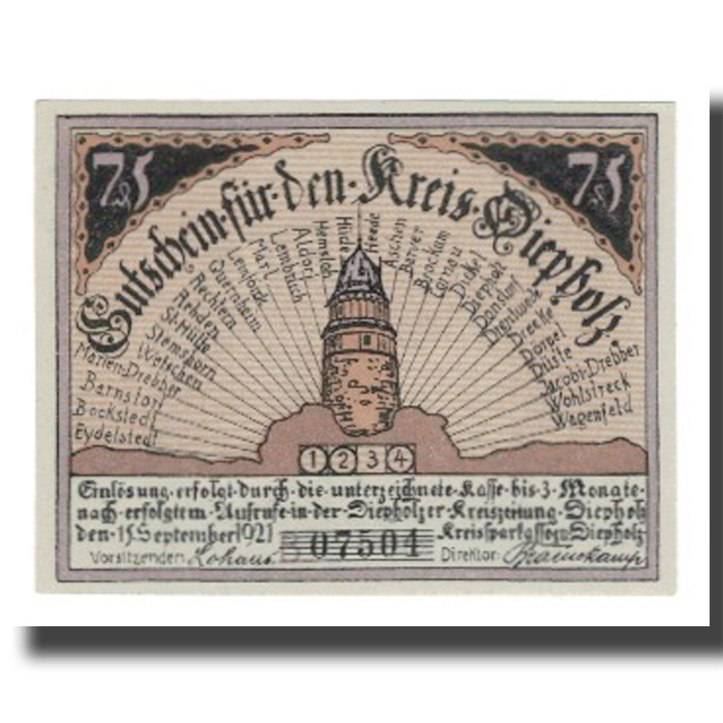 Geldschein, Deutschland, Diepholz Kreis, 75 Pfennig, personnage 2, 1921