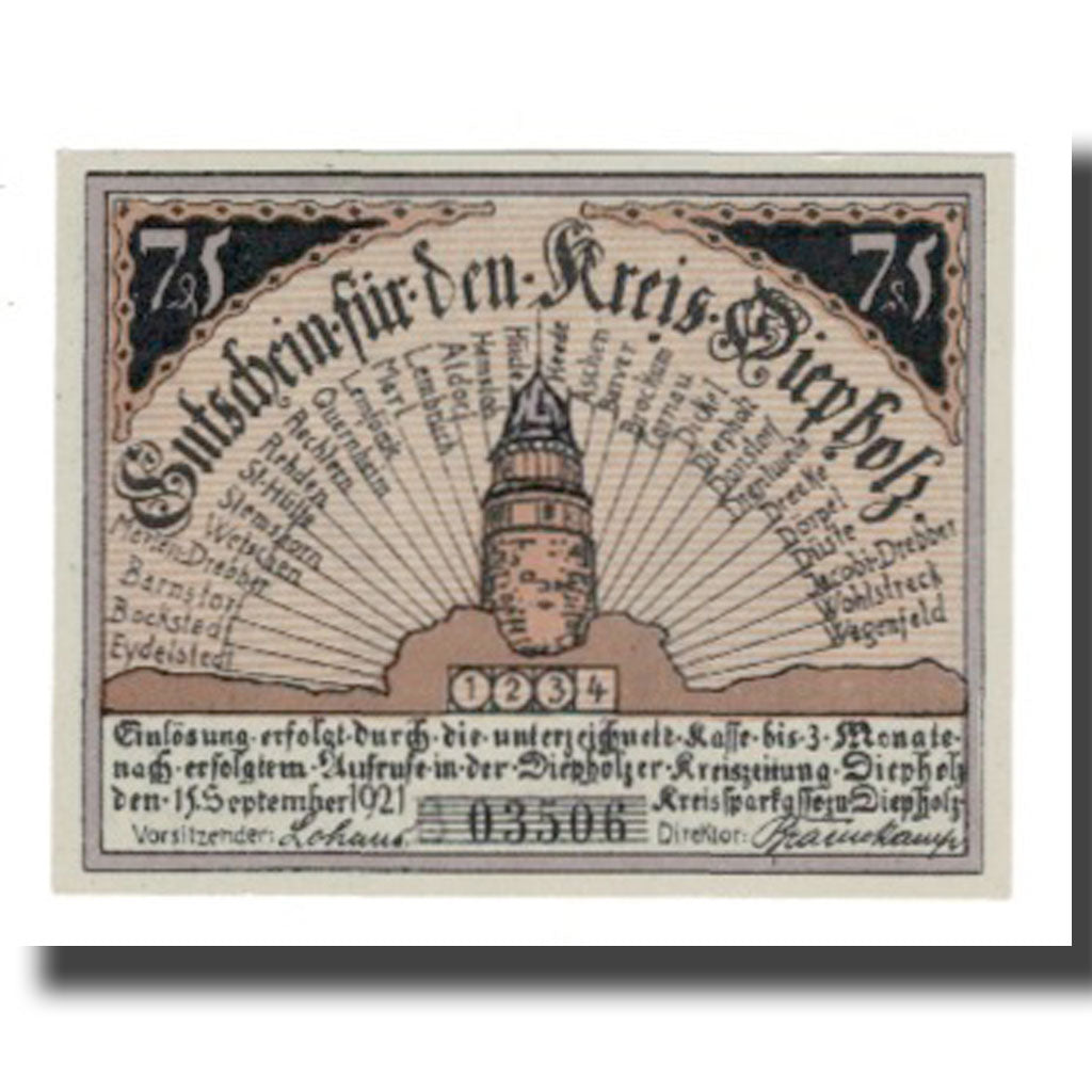 Banconote, Germania, Diepholz Kreis, 75 Pfennig, personnage, 1921, 1921-09-15