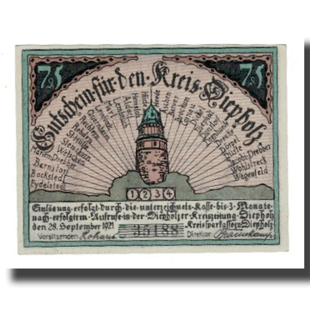 Geldschein, Deutschland, Diepholz Kreis, 75 Pfennig, personnage 3, 1921