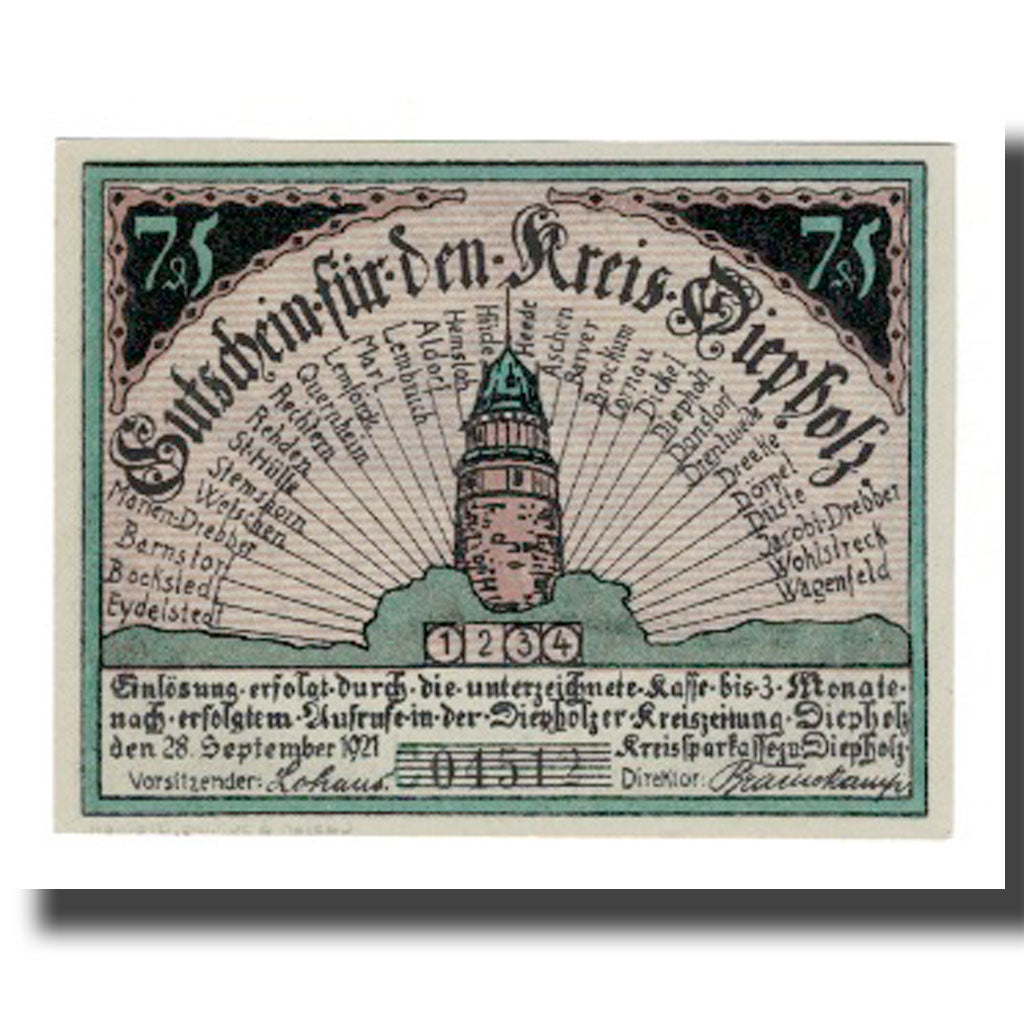 Banconote, Germania, Diepholz Kreis, 75 Pfennig, personnage 4, 1921, 1921-09-15