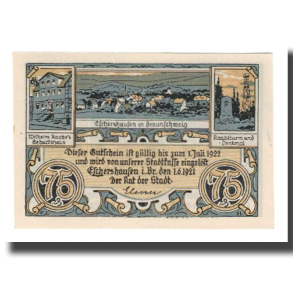 Geldschein, Deutschland, Eschershausen Stadt, 75 Pfennig, Monument, 1922
