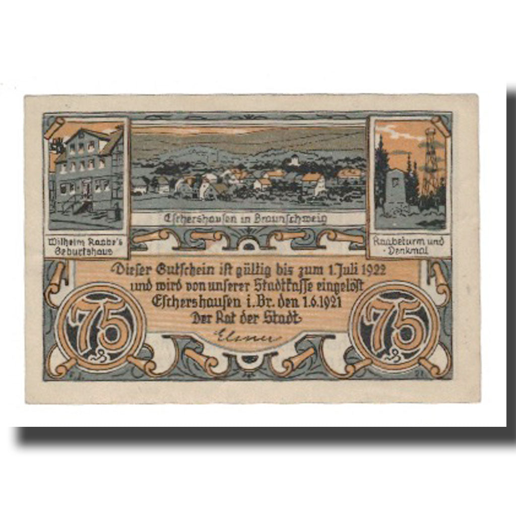 Biljet, Duitsland, Eschershausen Stadt, 75 Pfennig, monument 1, 1922