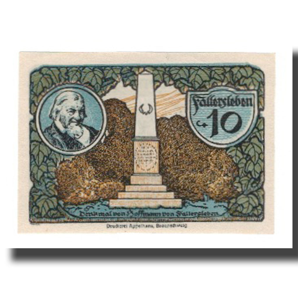 Geldschein, Deutschland, Fallersleben Stadt, 10 Pfennig, portrait, 1921