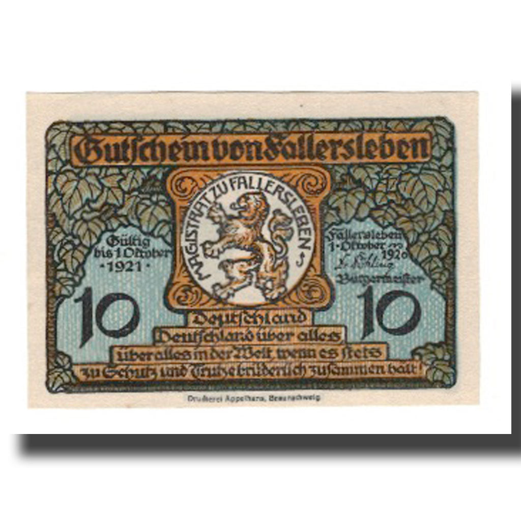 Geldschein, Deutschland, Fallersleben Stadt, 10 Pfennig, portrait 1, 1921