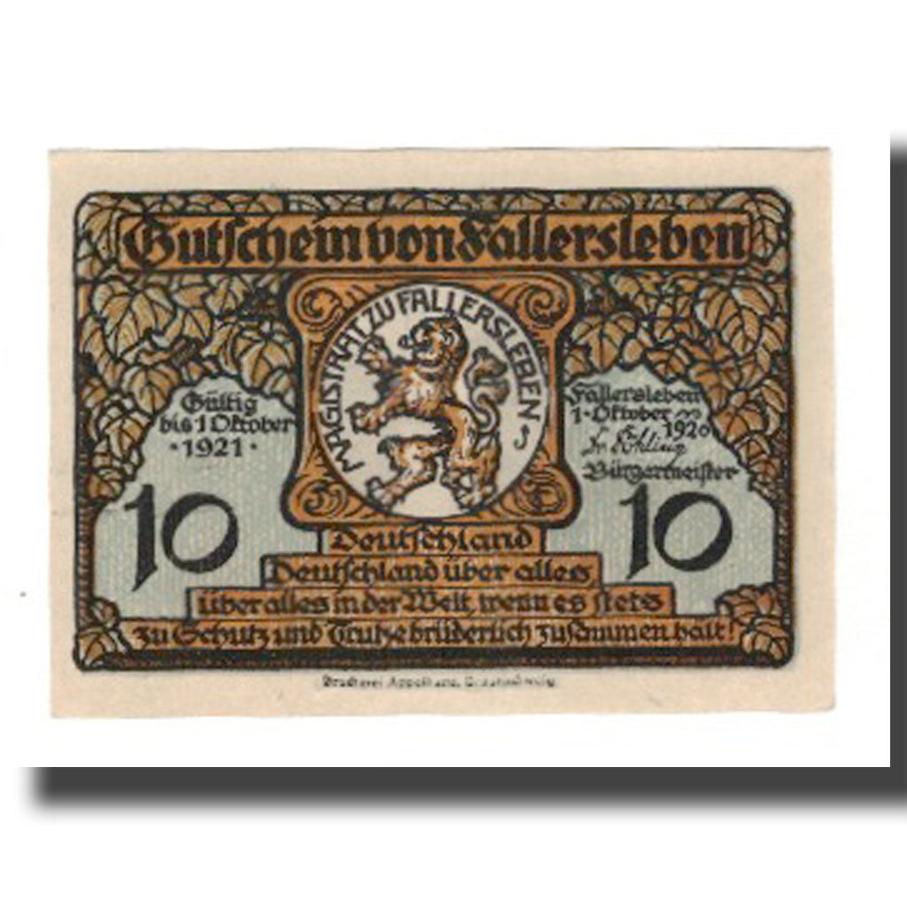Geldschein, Deutschland, Fallersleben Stadt, 10 Pfennig, portrait 2, 1921