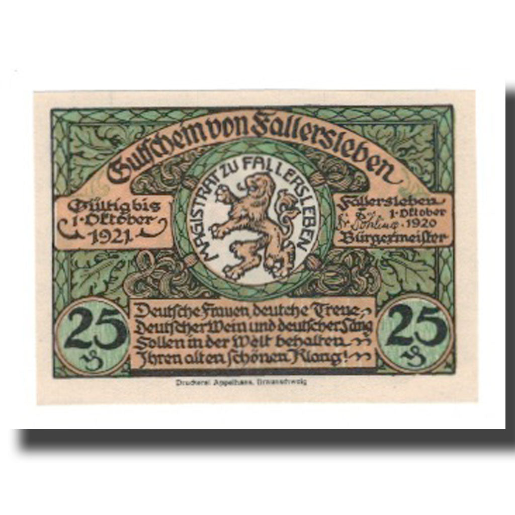 Banconote, Germania, Fallersleben Stadt, 25 Pfennig, portrait 3, 1921
