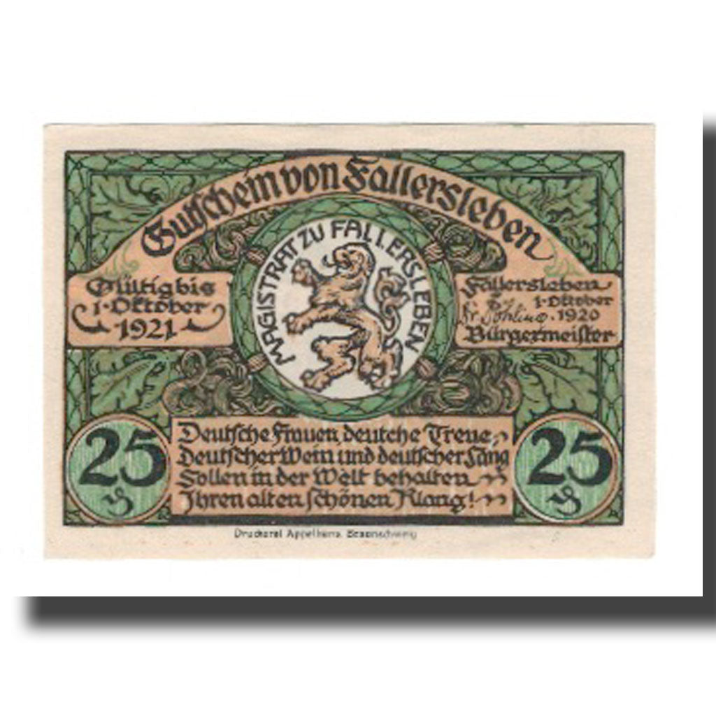 Banconote, Germania, Fallersleben Stadt, 25 Pfennig, portrait 4, 1921