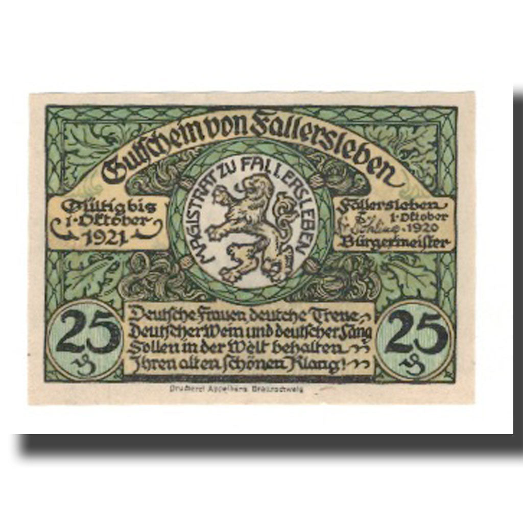 Banconote, Germania, Fallersleben Stadt, 25 Pfennig, portrait 5, 1921