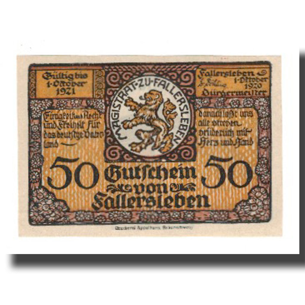 Geldschein, Deutschland, Fallersleben Stadt, 50 Pfennig, portrait 6, 1921