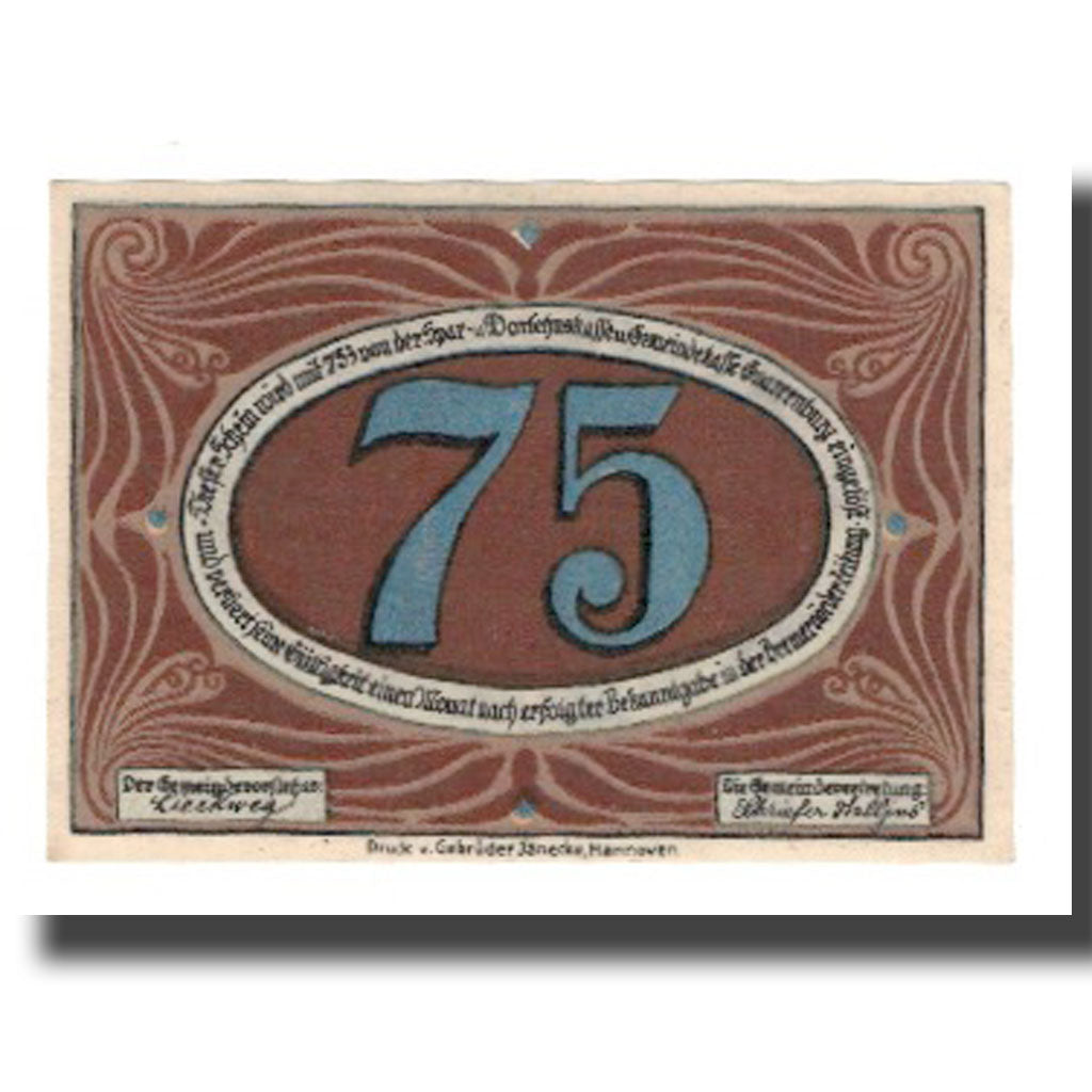 Geldschein, Deutschland, Gnarrenburg Gemeinde, 75 Pfennig, personnage, undated