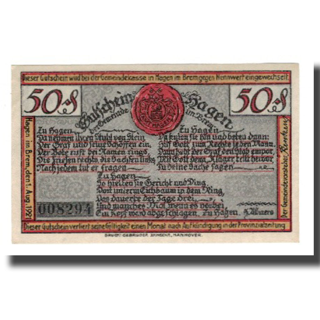 Banconote, Germania, Hagen Gemeinde, 50 Pfennig, personnage 1, 1921, 1921-08-01