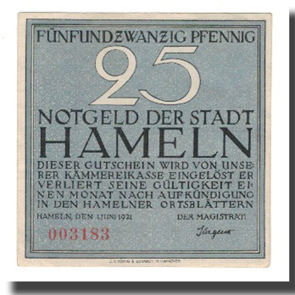 Biljet, Duitsland, Hameln Stadt, 25 Pfennig, personnage, 1921, 1921-06-01, SUP