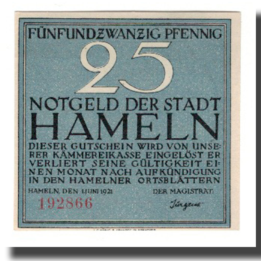 Nota, Alemanha, Hameln Stadt, 25 Pfennig, personnage 1, 1921, 1921-06-01