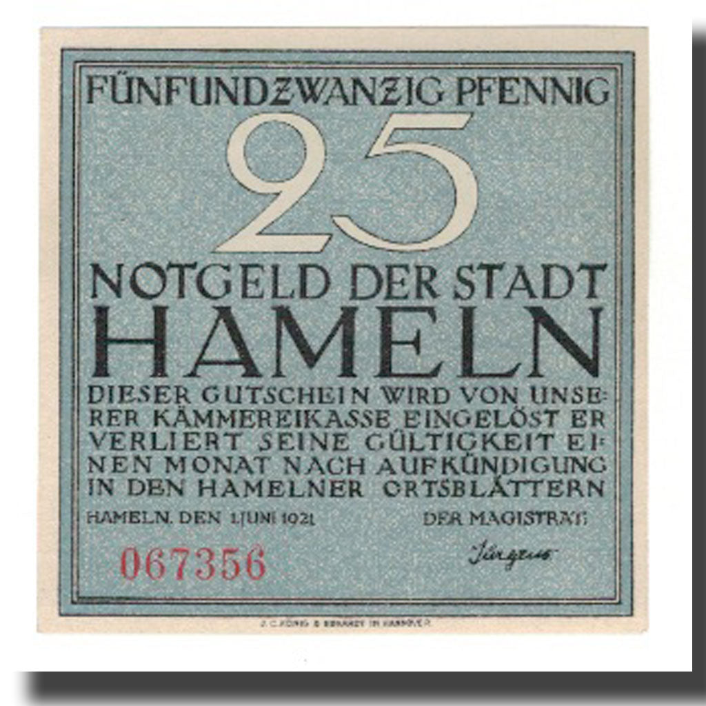 Biljet, Duitsland, Hameln Stadt, 25 Pfennig, personnage 2, 1921, 1921-06-01