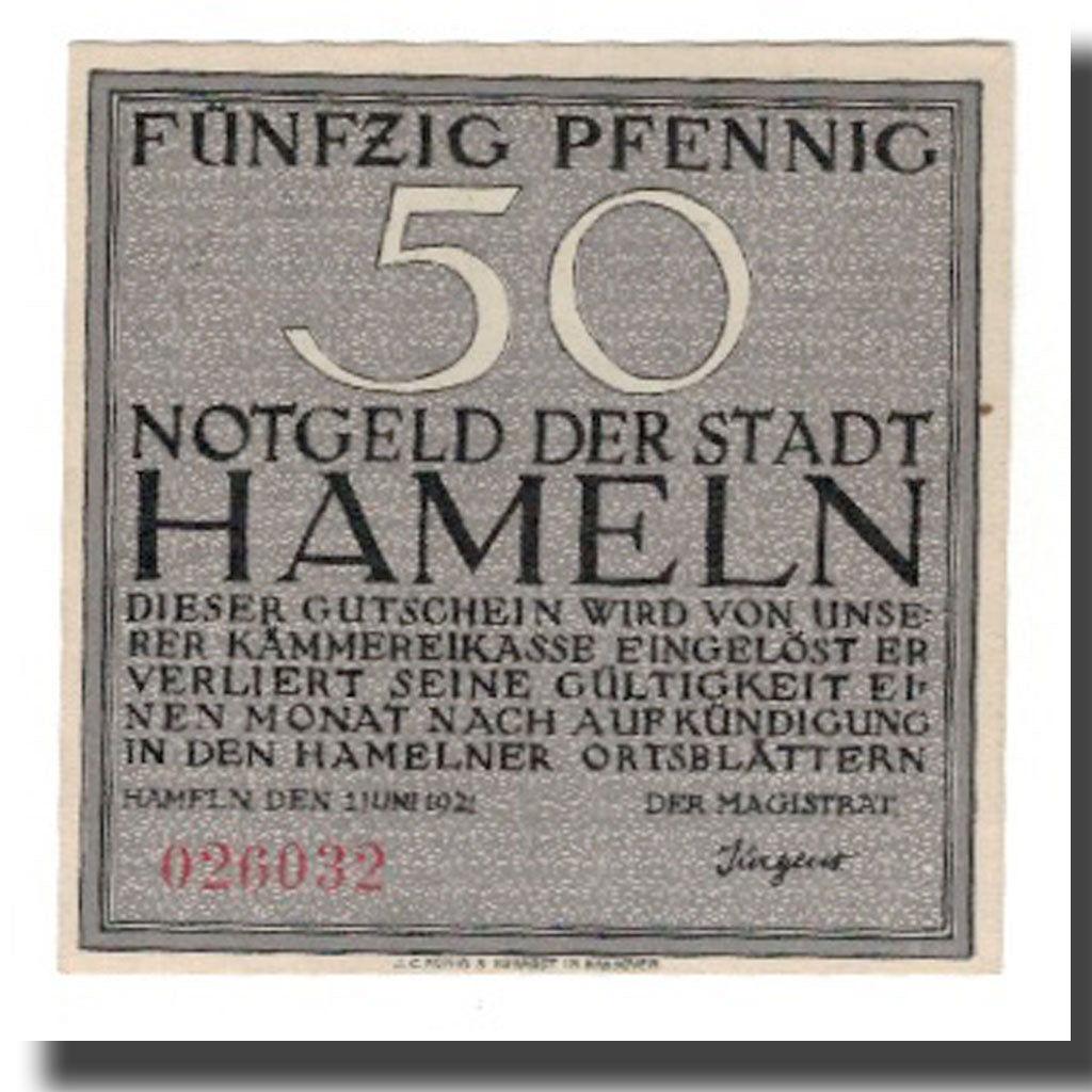 Banconote, Germania, Hameln Stadt, 50 Pfennig, personnage 2, 1921, 1921-06-01