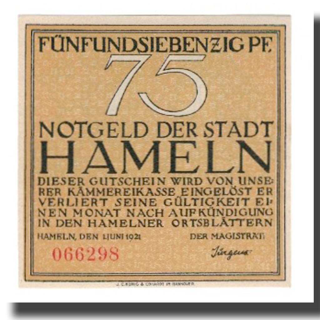 Biljet, Duitsland, Hameln Stadt, 75 Pfennig, personnage 1, 1921, 1921-06-01