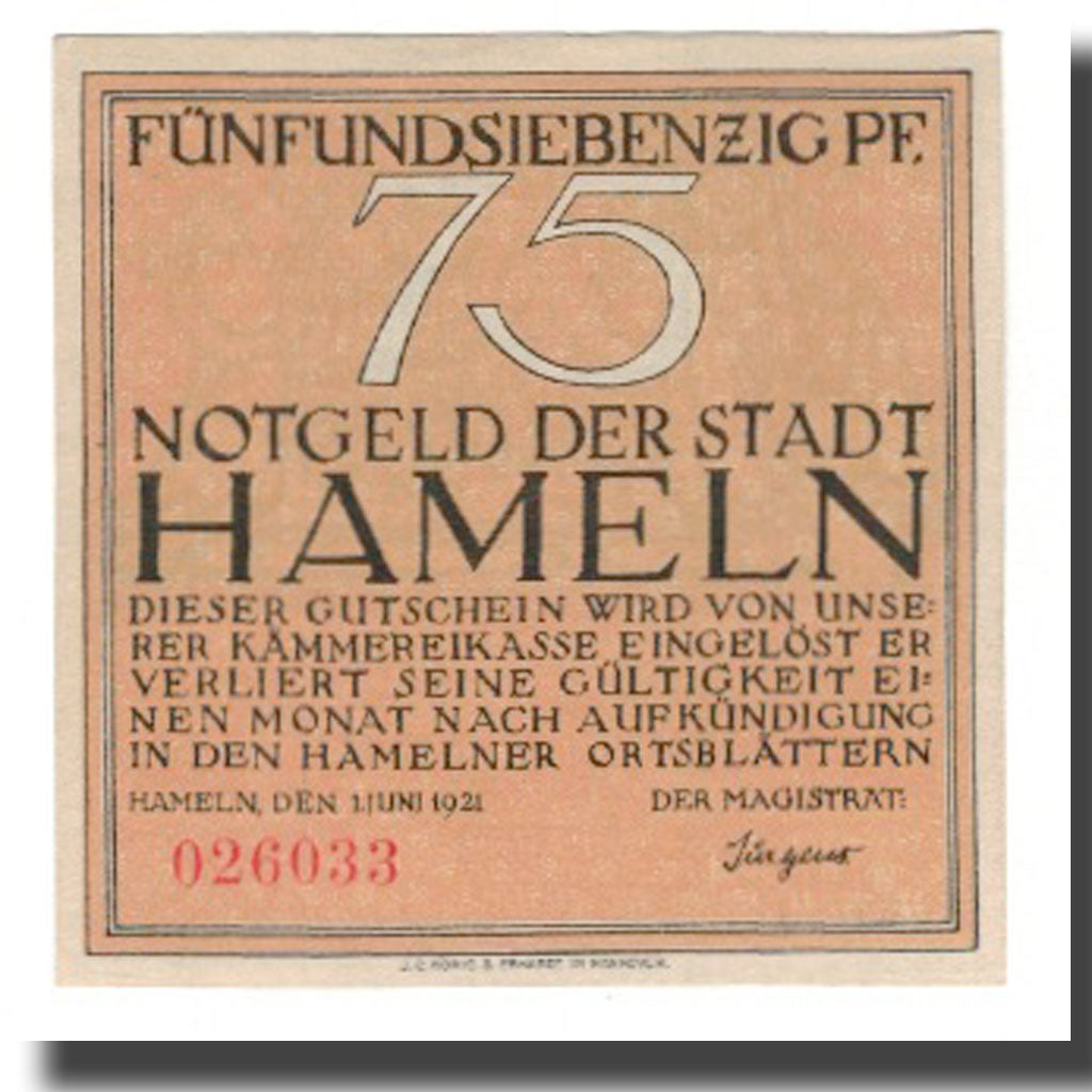 Banconote, Germania, Hameln Stadt, 75 Pfennig, personnage 2, 1921, 1921-06-01