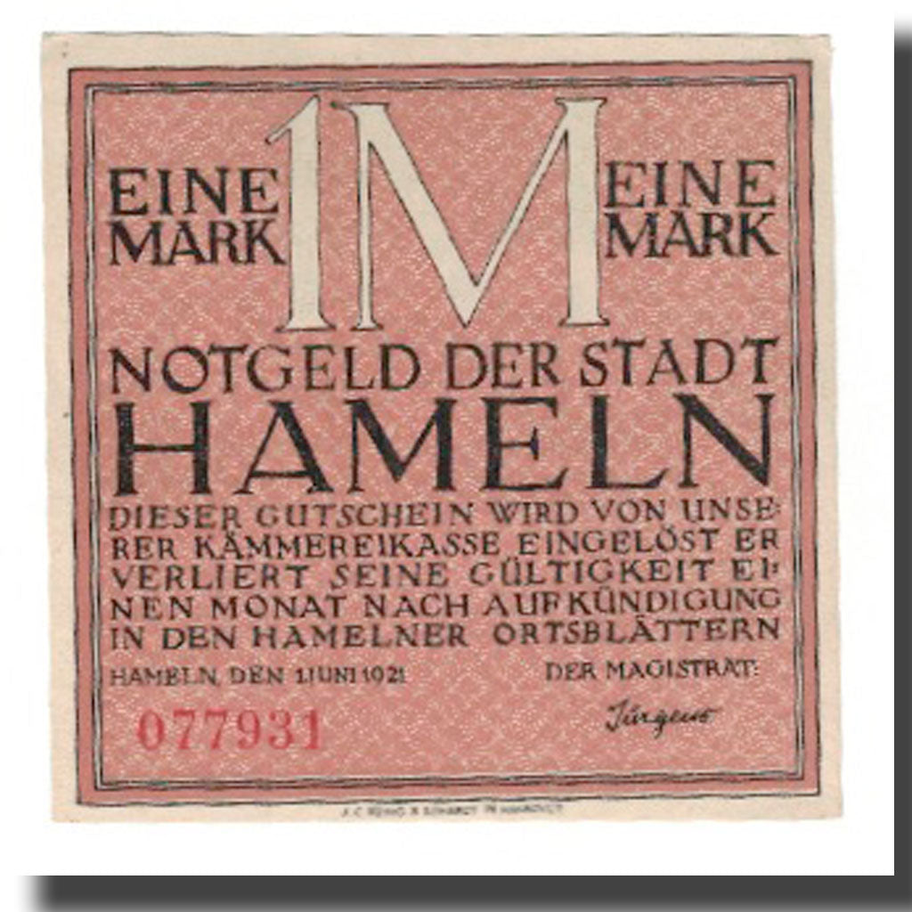 Banconote, Germania, Hameln Stadt, 1 Mark, personnage 2, 1921, 1921-06-01, SPL-