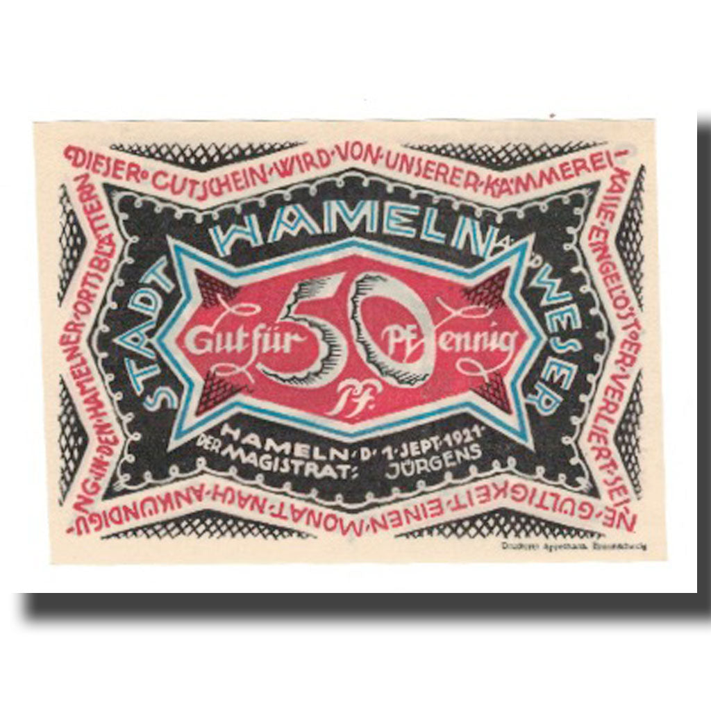 Banconote, Germania, Hameln Stadt, 50 Pfennig, personnage, 1921, 1921-09-01