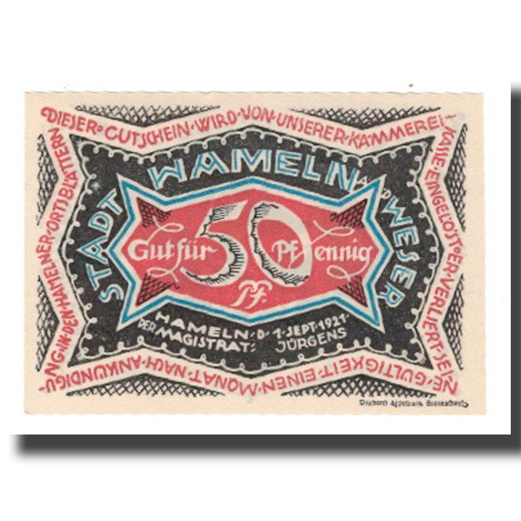 Banconote, Germania, Hameln Stadt, 50 Pfennig, personnage 3, 1921, 1921-09-01