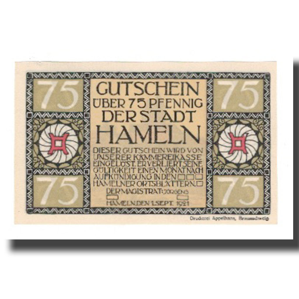 Banconote, Germania, Hameln Stadt, 75 Pfennig, paysage, 1921, 1921-09-01, SPL-