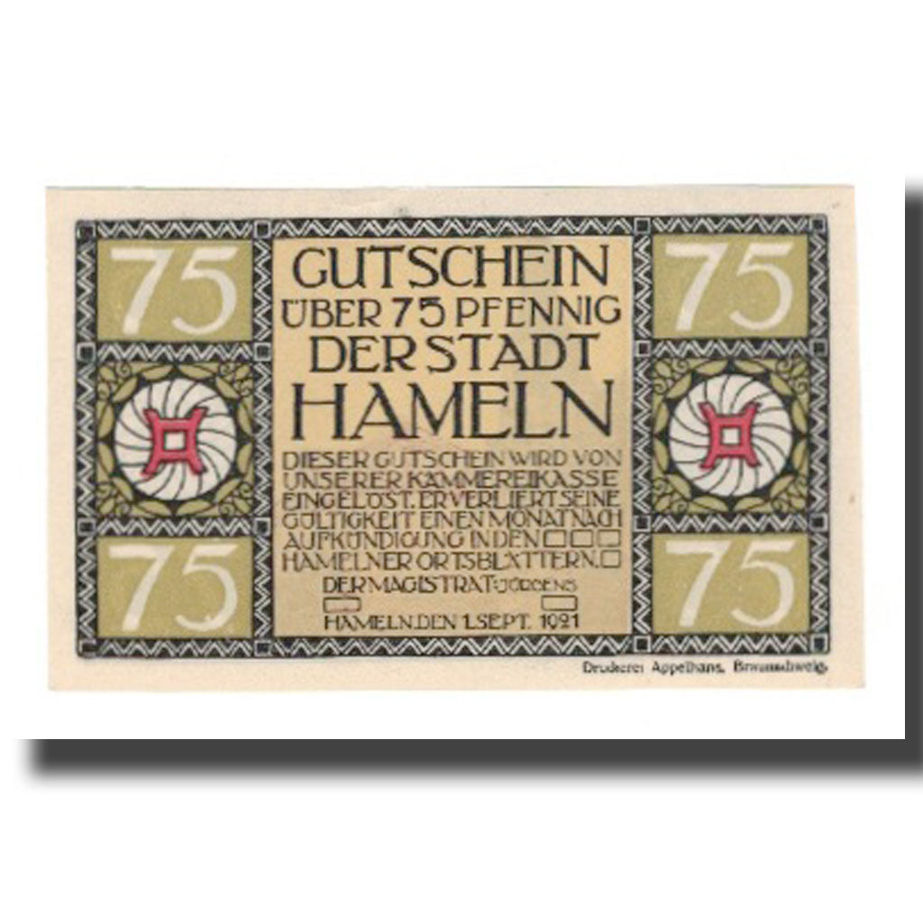 Nota, Alemanha, Hameln Stadt, 75 Pfennig, Eglise, 1921, 1921-09-01, AU(55-58)