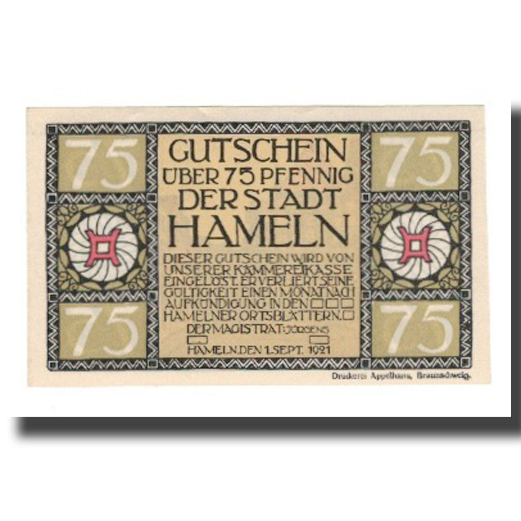 Banconote, Germania, Hameln Stadt, 75 Pfennig, rue, 1921, 1921-09-01, SPL-