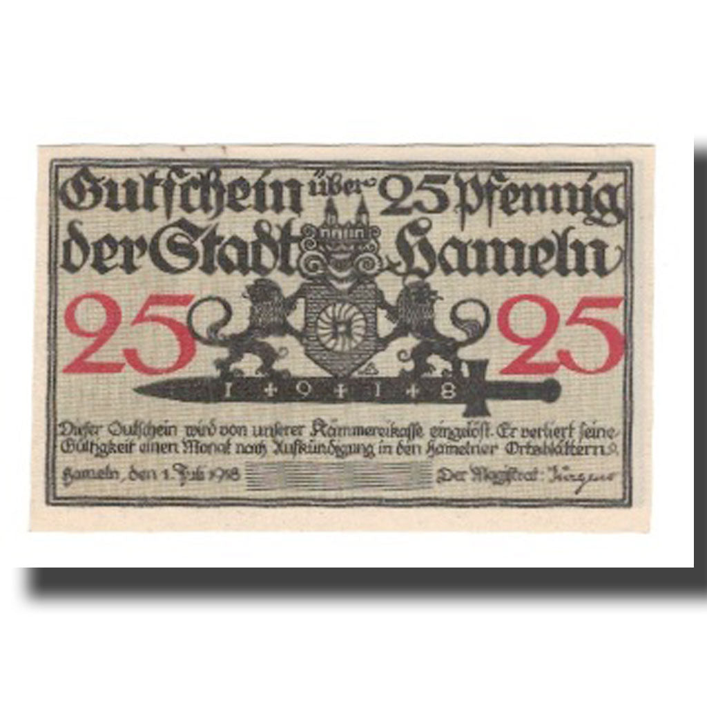 Banconote, Germania, Hameln Stadt, 25 Pfennig, personnage 1, 1918, 1918-07-01