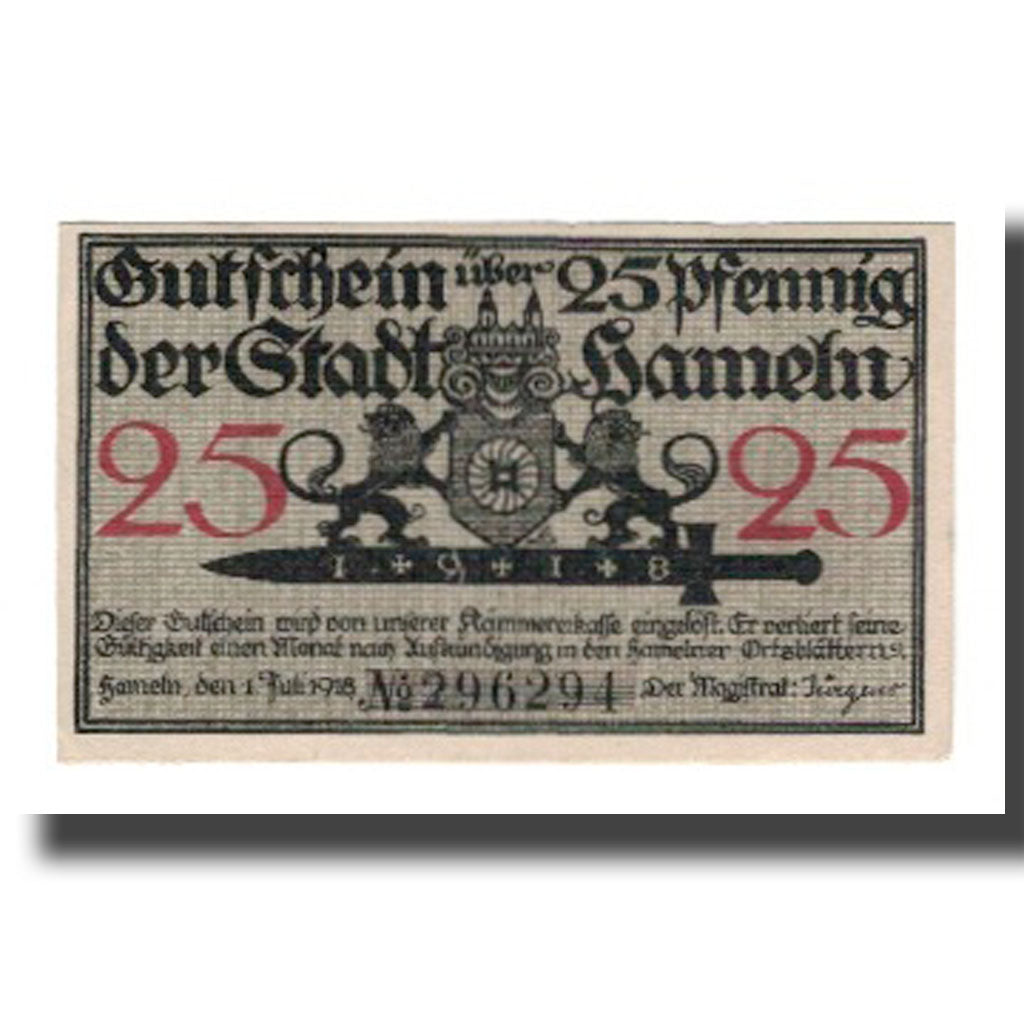 Biljet, Duitsland, Hameln Stadt, 25 Pfennig, personnage 2, 1918, 1918-07-01